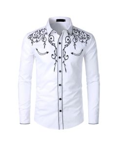 Fashion Embroidered Shirt American Western Style Shirt Western Denim Embroidered Solid color Embroidered Long-sleeved Shirt