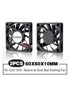 2 Pieces YOUNUON DC 5V/12V/24V Sleeve&Dual Ball Bearing 60mm 6cm 60x60x10mm Cooling Fan 6010 Brushless Cooling Cooler Fan