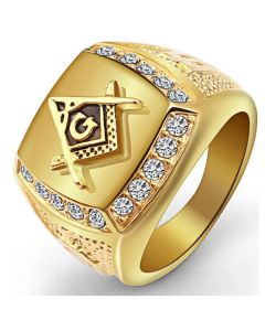 316L Stainless Steel Cool Gold Color Freemason Ring Men Hip Hop Iced Out Bling Crystal Masonic Rings Fashion Jewelry