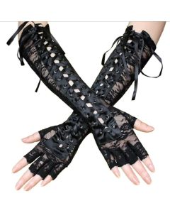 Lace Gloves Sexy Lace Long Gloves Winter Elbow Length Half-Finger Gloves Ribbon Fingerless Fishnet Mesh Ceremonial Party Gloves