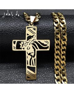 Hip Hop Punk Crown of Thorns Jesus Cross Necklace for Men Stainless Steel Gold Plated Crucifix Pendant Necklaces Jewelry N8052