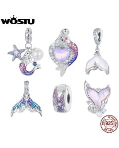 WOSTU 925 Sterling Silver Ocean Mermaid Charms Tail Pendant Rainbow Crystal Bead Fit Original Bracelet DIY Neckalce Holiday Gift