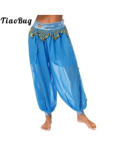 Womens Belly Dance Harem Pants Halloween Carnival Costume Sequin Tassel Trouser Tribal Arabic Dance Performance Loose Pants