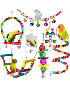 7pcs Pack Wood Parrot Toys Bird Toy Cage Bird Accessories  Swing Suspension Bridge Ball Cage Bells Pet Supplies Set