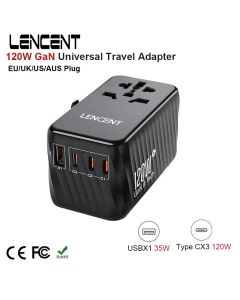 LENCENT 120W GaN International Travel Adapter Fast Charger with 1 USB Port and 3 Type C All-in-one Power Adapter for Travel