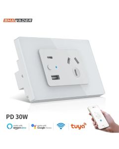 Shawader AU Plug Tuya Wi-Fi Smart Touch Switch Wall Socket Glass Panel USB Type C for Iphone Outlet Remote by Alexa Google Home