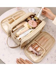 Multifunctional Makeup Bag For Women PU Leather Large Capacity Portable Double Zipper Travel Makeup Brush Toiletries Storage Bag