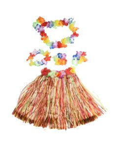 Kids Hawaiian Grass Lei Skirt Flower Wristband Garland Fancy Costume Suit Hula Prop Decoration Flower Bracelets Headband