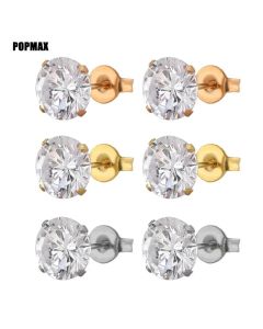 POPMAX 1Pairs/2Pcs Stainless Steel Crystal Studs Earrings For Women Men 4 Prong Tragus Round Clear Cubic Zirconia Ear Jewelry