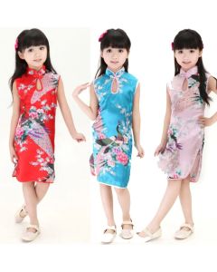 Cheongsam Dress Baby Girl Qipao Summer Clothes Peacock Sleeveless Slim Traditional Dress Child Girls Clothes Chinese Style
