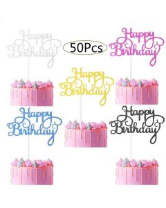 50 Pcs Glitter Cardstock Happy Birthday Cake Toppers Baby Shower Kids Birthday Party Favors Decorations Cake Decoration Supplies