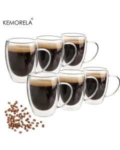2/4/6PCS 350ML Double Wall Glass Coffee Mug With Handle Transparent Glass Cappuccino Cup Coffee Milk Tea Juice Tea Cup