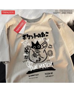 Japanese Fun And Cute Harajuku Cat Clothes Men Women Cotton Tops Creativity Casual T Shirts Cartoons Loose Couple Short Sleeve