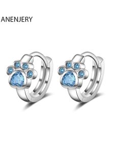 ANENJERY Silver Color Cute Cat Paw Hoop Earrings Blue Cubic Zircon Earrings For Girls Minimalist Gift