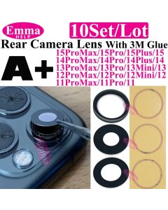 Emmahelp 10pcs A+ Back Camera Glass for iPhone 11 12 13 14 15 Pro Max 13Mini XR XS 14Plus Rear Camera Cover Lens 3M Sticker