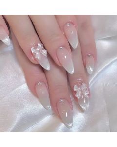24pcs Sweet Cat Eye French Press on Nails Diamond-Pointed Three Dimensional Bow Knot Wearable Nail For Women&Girl Almond Nail