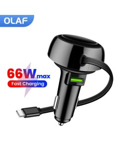 66W Car Charger Fast Charging USB Car Charger With Retractable Type C Cable Multi-Function car Charger For Xiaomi Samsung Huawei