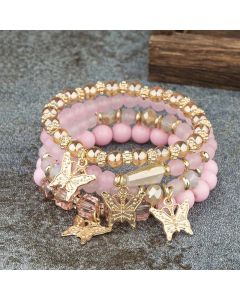 4Pcs Trendy Butterfly Beaded Bracelet Set For Women Pink Acrylic Beads Elastic Chain Bangle Female Bohemian Party Jewelry Gift