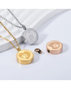 Pet Paw Print Heart Cremation Urn Locket Necklace Hold Dog/Cat Ashes Casket Stainless Steel Keepsake Jewelry