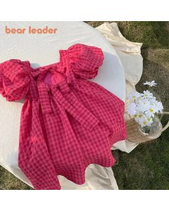 Bear Leader Rose Pink Plaid Bow Dress Elegant Lolita Child Big Girls Midi Dress Children Dresses Teens Party Princess Sundress
