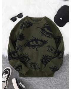 New Popular Autumn and Winter Abstract Eye Jacquard Pattern Pullover Sweater Casual Round Neck Knitted Men's Pullover
