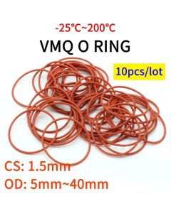 10pcs VMQ O Ring Seal Gasket Thickness CS 1.5mm OD 5 ~ 40mm Silicone Rubber Insulated Waterproof Washer Round Shape Nontoxi Red