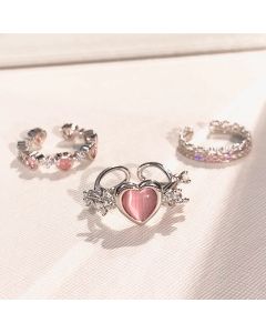 3pcs Fashion Love Heart Zircon Open Rings Set for Women Gothic Sweet Girls Geometric Finger Rings Y2K Party Jewelry Accessories