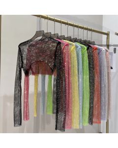 2023 new sexy bright diamond short top Slim thin Ms. hot drill long-sleeved T-shirt sexy leak waist nightclub