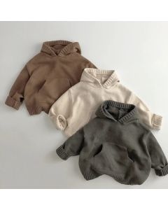 Front Pocket Fine Knit Children Boys Girl Sweaters Hoodie Knit Pullover Loose Style Girl Hooded Toddler Knitwear Coat