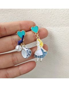 Carton Fairy Tale Princess Alice Asymmetry Earrings Imitation Pearl Blue Heart Dangle Earrings Cute Girls Enamel Earrings