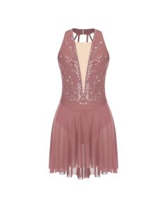 Womens Ballet Lyrical Dance Dress Glittery Rhinestone Figure Skating Dress Sheer Backless Asymmetrical Hem Modern Dance Dresses