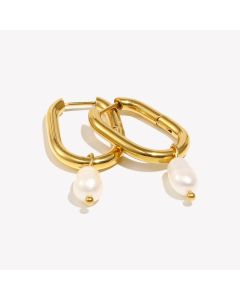 E.B.belle Waterproof Tarnish Free Jewelry Stainless Steel Gold Plated U Shape Freshwater Pearl Charm Hoop Ring Earring For Woman