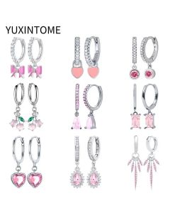 925 Sterling Silver Needle Pink Zircon Geometric Pendant Earrings Exquisite Heart Gold Silver Earrings for Women Fashion Jewelry