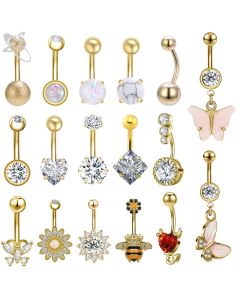 ZS 1 Piece Gold Color Stainless Steel Belly Ring Flower Heart CZ Crystal Navel Belly Button Rings Butterfly Navel Piercings 14G