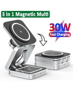 30W 3 In 1 Magnetic Wireless Charger Stand Pad for iPone 15 14 13 12 Pro Max Airpods Pro iWatch 8 7 6 Fast Charging Dock Station