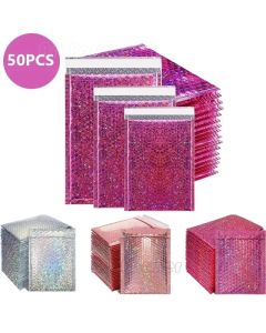 50Pcs Holographic Bubble Mailer Rose Red Mailing Envelope Waterproof Courier Bag Padded Bubble Envelopes Pack Bag for Shipping