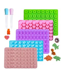 7pcs/Set Gummy Bear Molds Silicone Mini Chocolate Candy Mold for Kid with 2 Droppers Including Dinosaur Bear Hearts Donut Shape