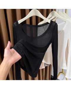 plus Size Thin Knitted Long Sve T-irt Women's Faion Summer Pure Desire Wind Ribbed Underwear Base irt Top