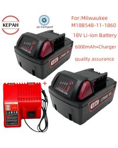 For Milwaukee M18 Power Tool Battery, Charger, BR, XC, 18V, 6000mAh M18B5, 48-11-1860, Built-in 18650 Battery
