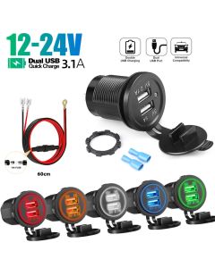 5V 3.1A 12V Dual USB Car Charger with Panel Waterproof Power Adapter Socket Outlet for Vehicle Boat Truck Motorcycle