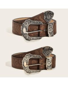 Western Brown PU Leather Vintage Belt Female Cowgirl Waist Belt with Metal Caved Buckle 3set Designer Belts For Women Jeans