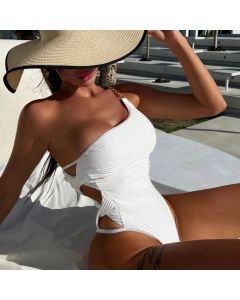 Sexy Metal Strap One Shoulder One Piece Swimsuit 2025 Women White Hollow Out Tie Up Bathing Suit Tummy Control Swimwear Monokini