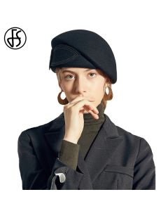 FS Vintage Women's Wool Felt British Top Beret With Bow Tea Party Bowler Fedoras Ladies Floppy Derby Hats Black Cloche Cap 2025
