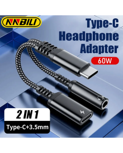 NNBILI 2in1 1in1 USB Type C to 3.5mm Headphone Audio Aux jack Adapter PD 60W Fast Charging Cable for iPhone 15 Samsung Xiaomi