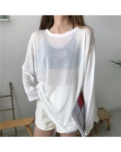 Sun-protection Long Sleeve Breathable T-shirts Women O Neck Solid Sexy See Through Black White Loose Unisex Shirts Casual Tops