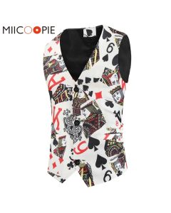 Sleeveless Playing Cards Printed Chalecos Para Hombre Multi Pattern Slim Fit Tuxedo Suit Vest Men Casual V-Neck Waistcoat Jacket