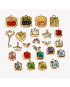 E.B.belle Octagonal Splicing Color Bead Heart-shaped Key Rainbow Square 316L Stainless Steel 14K Gold Plated Pendant Charms