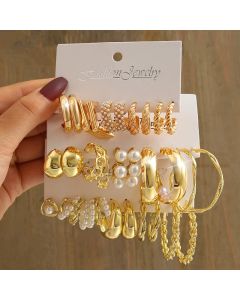 Gold Color Vintage Geometry Pearl Earrings Set Metal Twine Square Dangle Earrings Round for Women Simple Trendy Party Jewelry