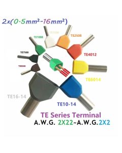 100pcs/lot Copper Insulated Ferrules Lug Twin Cables Type 2x(0.5mm²~16mm²) Electrical Cord End Terminal Crimping Lug TE2508 etc.