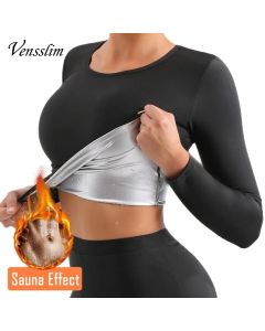 Vensslim Body Shaper Sauna Suits Sweat Slimming Waist Trainer Corset Long Sleeve Fat Burn Shirt Women Workout Tummy Control Tops